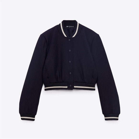 selling zara crop wool bomber jacket in navy, size small - Picture 3 of 8